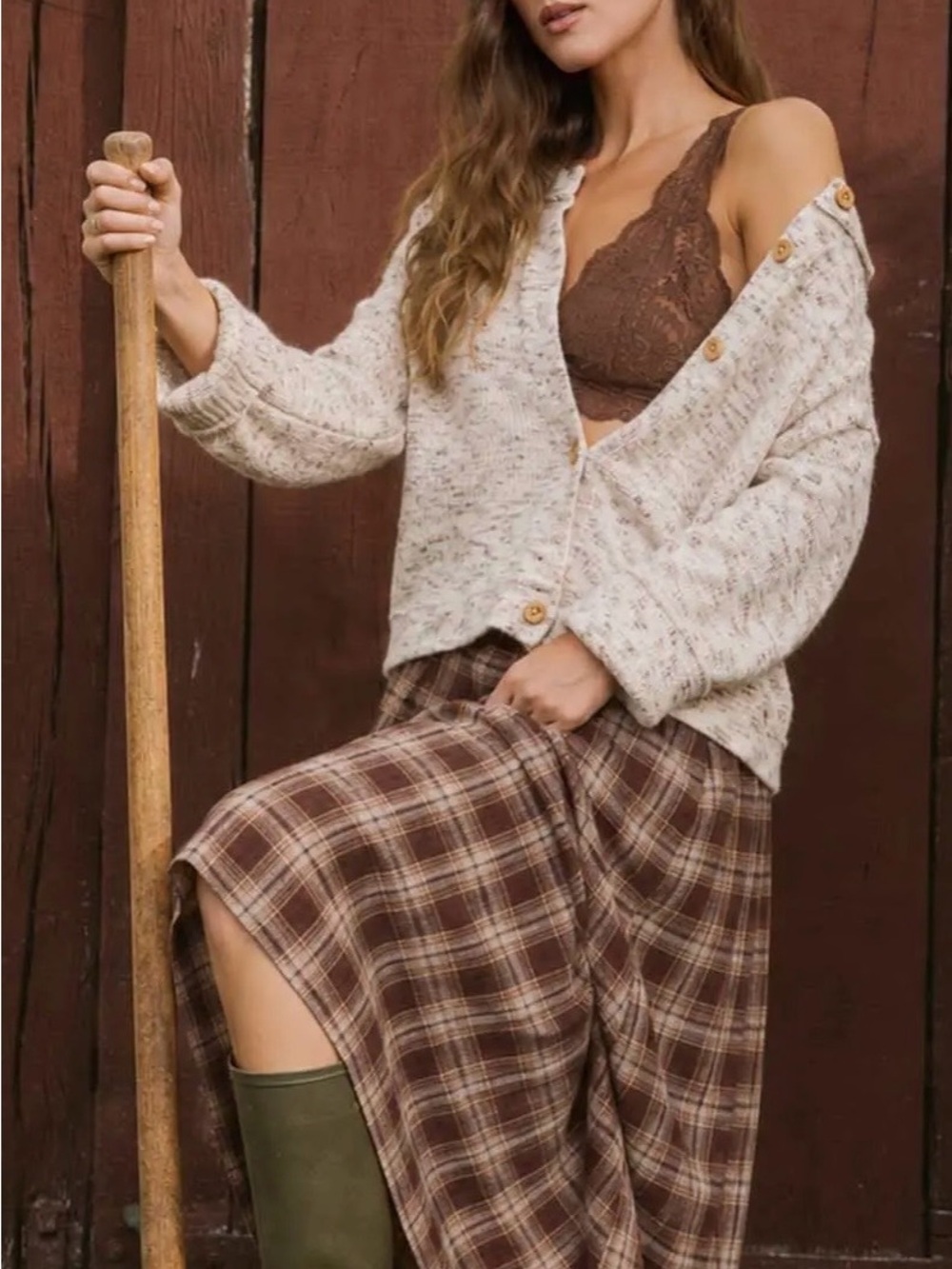 Plaid Pleated Side Slit Midi Skirt